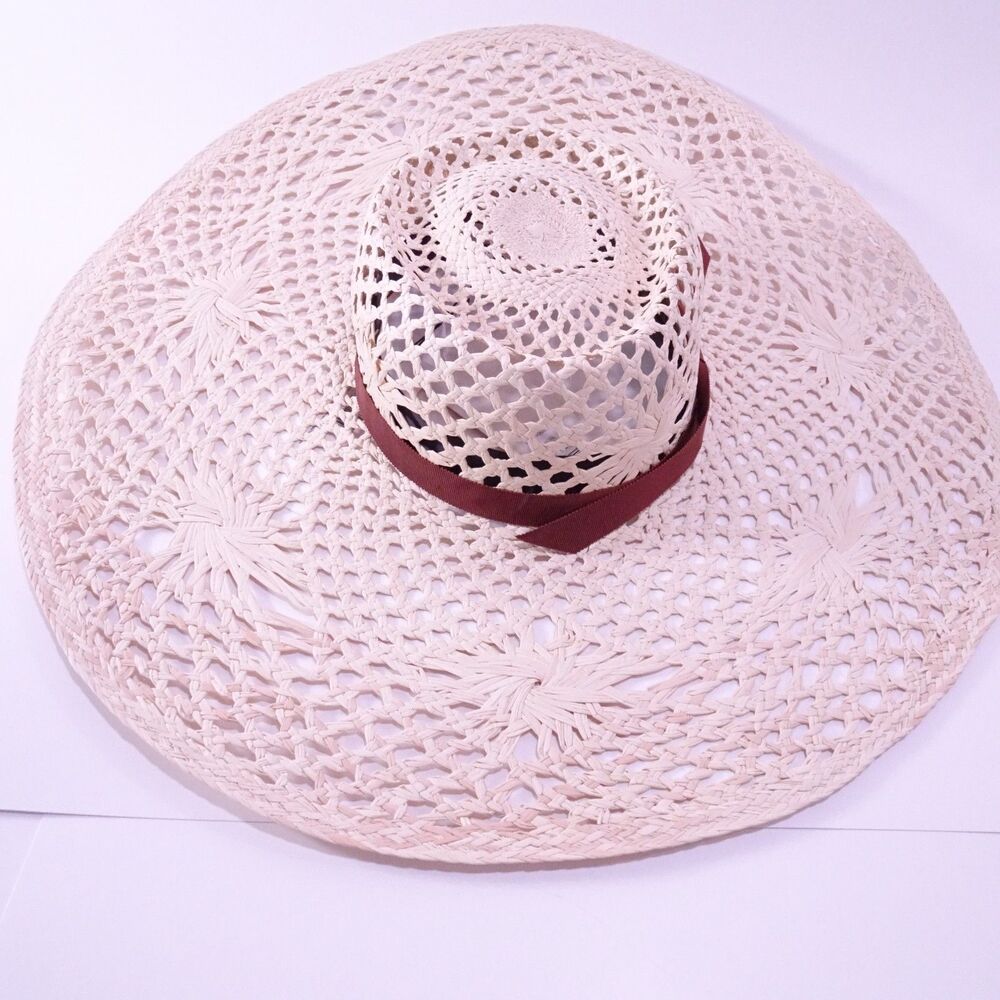 Veronica Beard Meringue Raffia Straw Wide Brim Sun Hat Natural S M NWT 298 - Picture 13 of 15